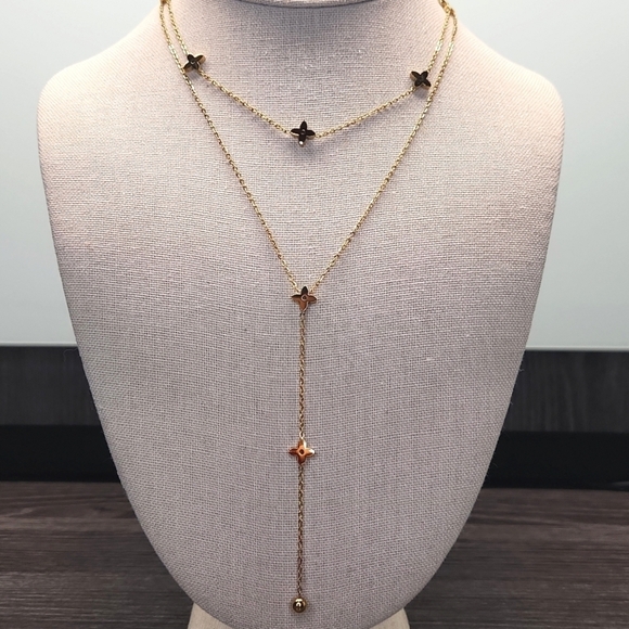 18k Gold Plated Stainless Steel Double Chain Clover/ Flower Necklace Drop Chain